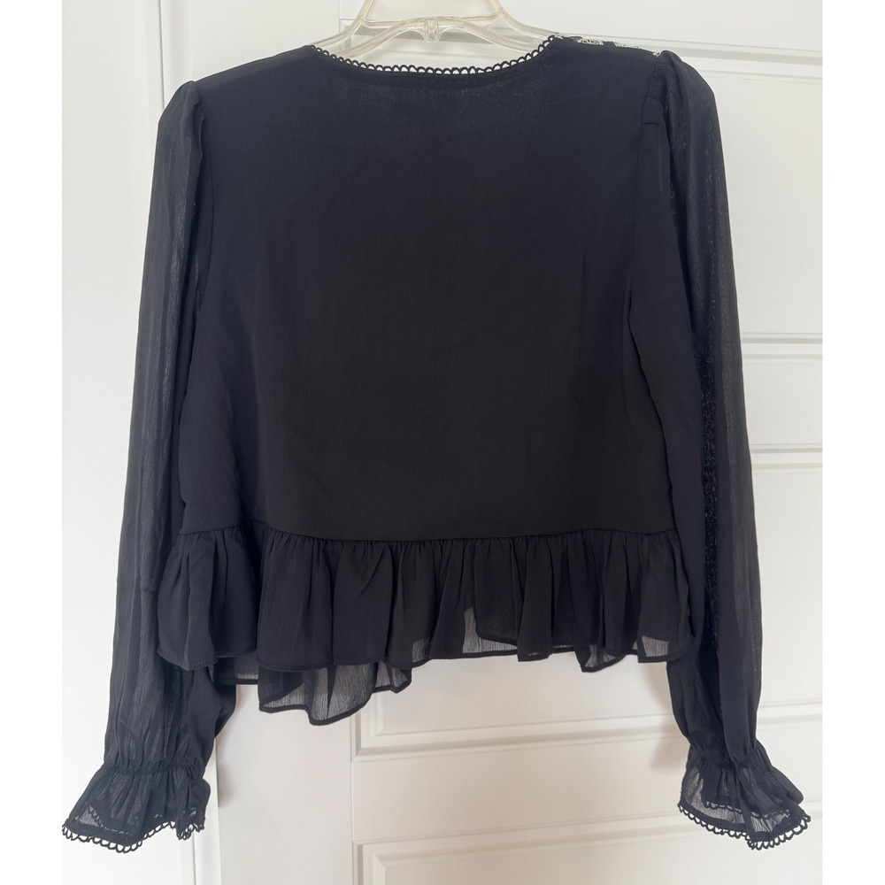 Baevely Black Long Sleeve Blouse with White Floral Embroidery Womens Size S NWT - Picture 2 of 11